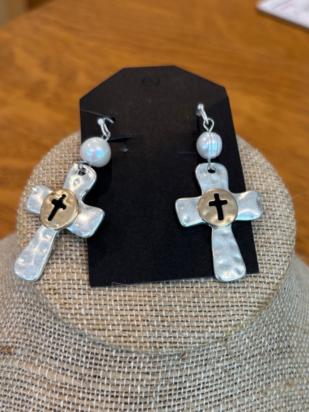 Silver Cross Dangle Earrings with Pearl Accent